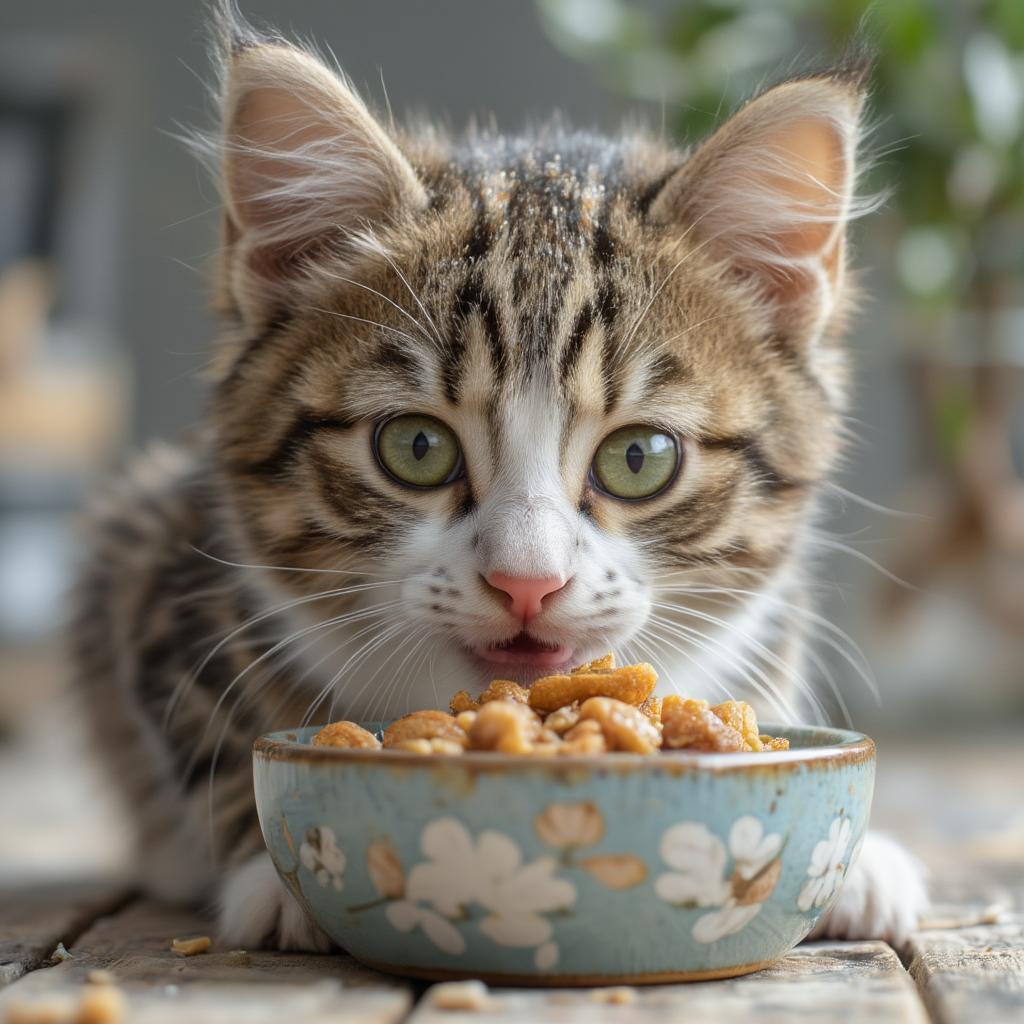 A 10-week-old kitten eating from a food bowl