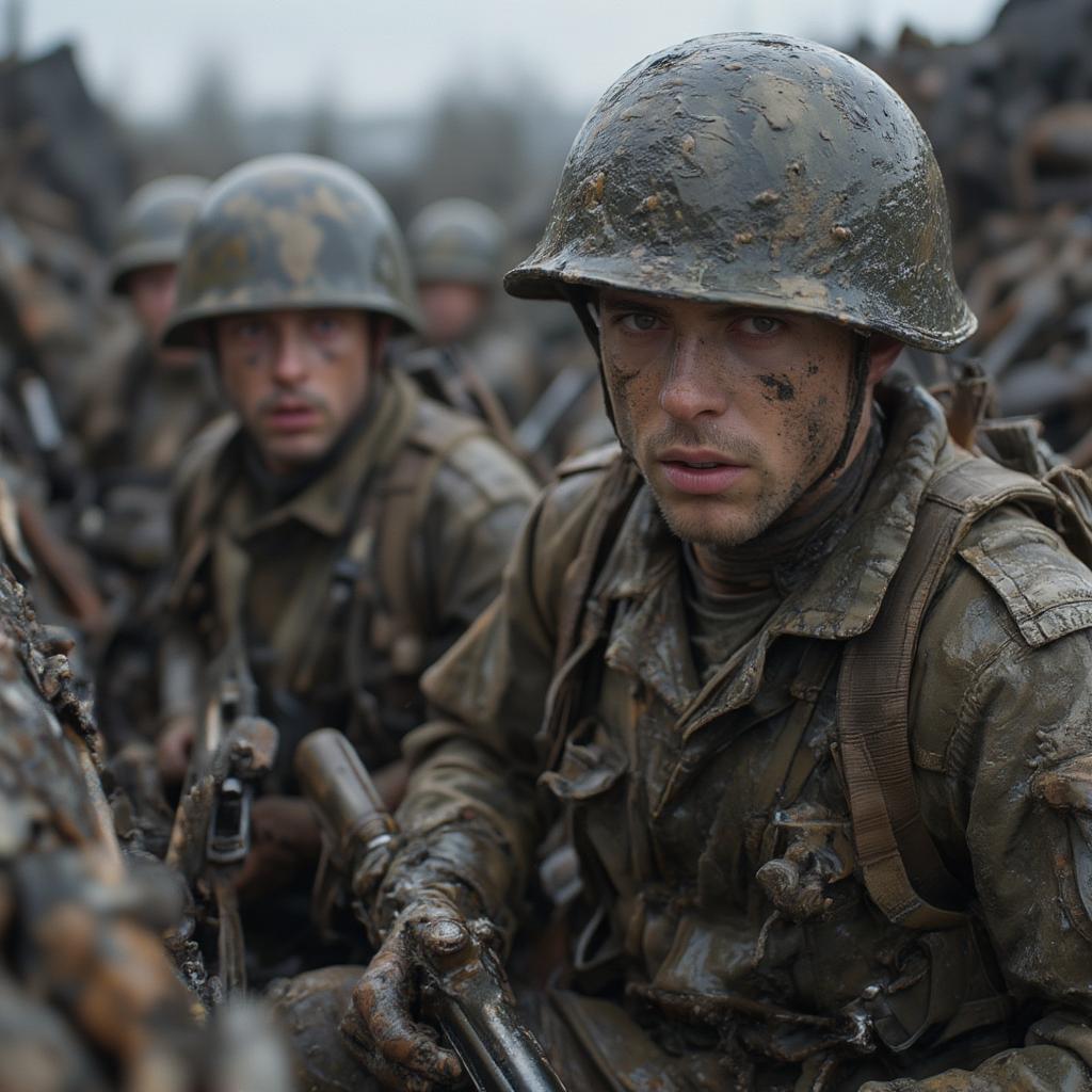 A tense scene from 1917 showing soldiers in a trench