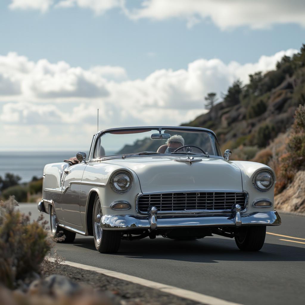 1956 Chevy Bel Air Convertible Driving on a Coastal Highway - Open-Air Freedom and Scenic Beauty