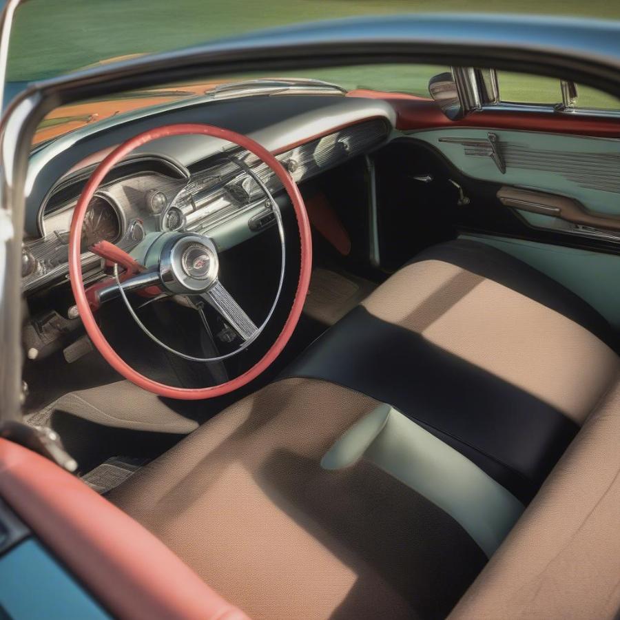 1957 Chevrolet Nomad Interior Dashboard Detail Showing Gauges and Steering Wheel