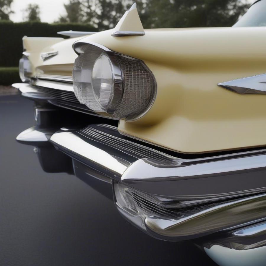 Front grille of a 1959 Cadillac Eldorado Biarritz Convertible displaying intricate chrome details and iconic Cadillac emblem.