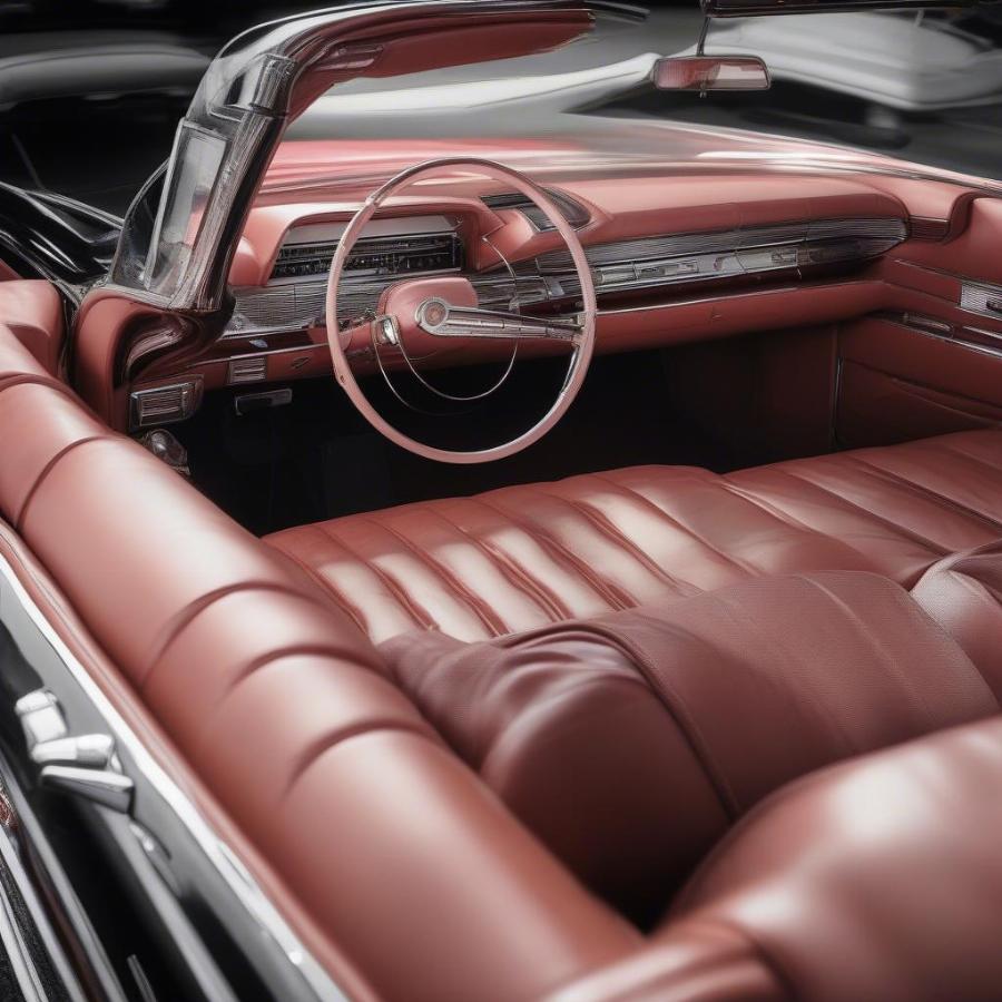 Luxurious interior of a 1959 Cadillac Eldorado Biarritz Convertible with leather seats, chrome details, and spacious cabin.