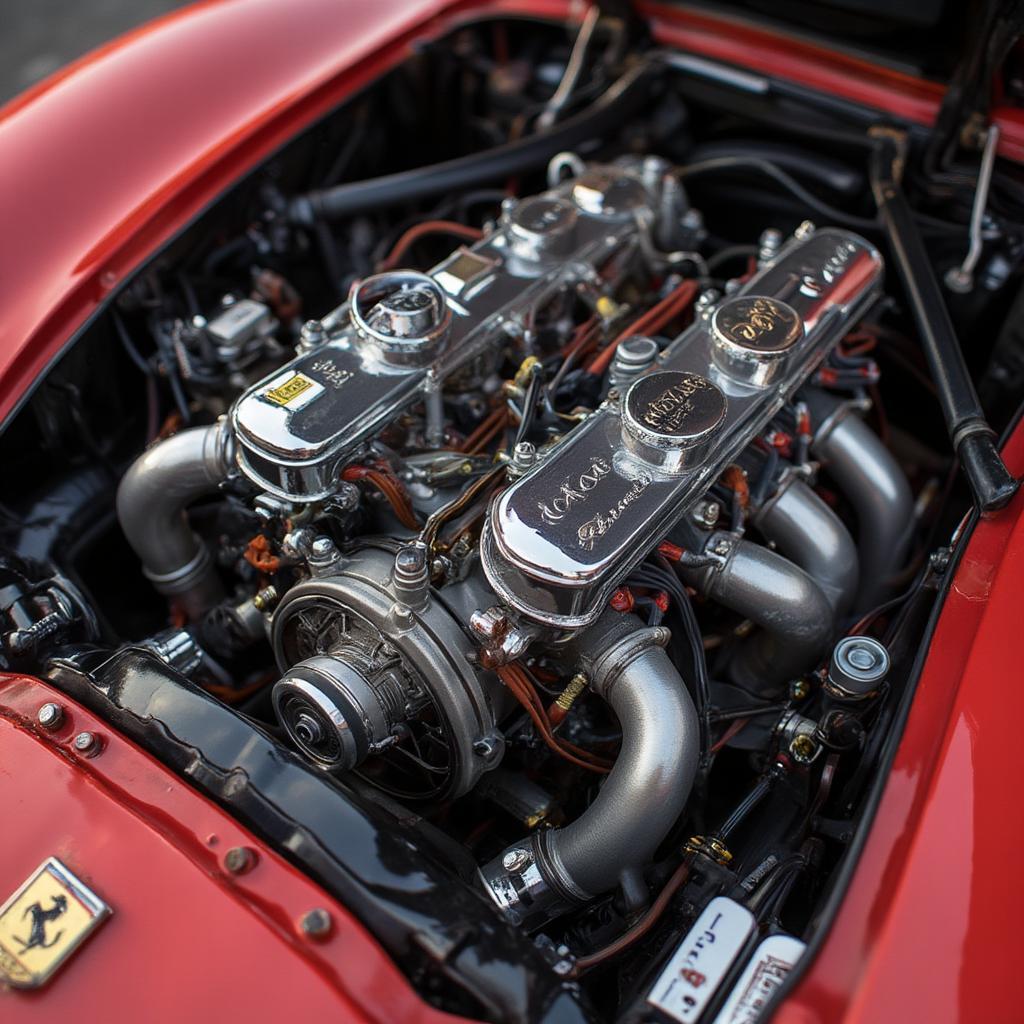 Detailed view of the 1961 Ferrari 250 GT California's Colombo V12 engine.