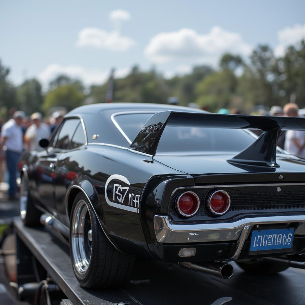 1968 Dodge Charger Daytona with its iconic rear wing at a classic car show.