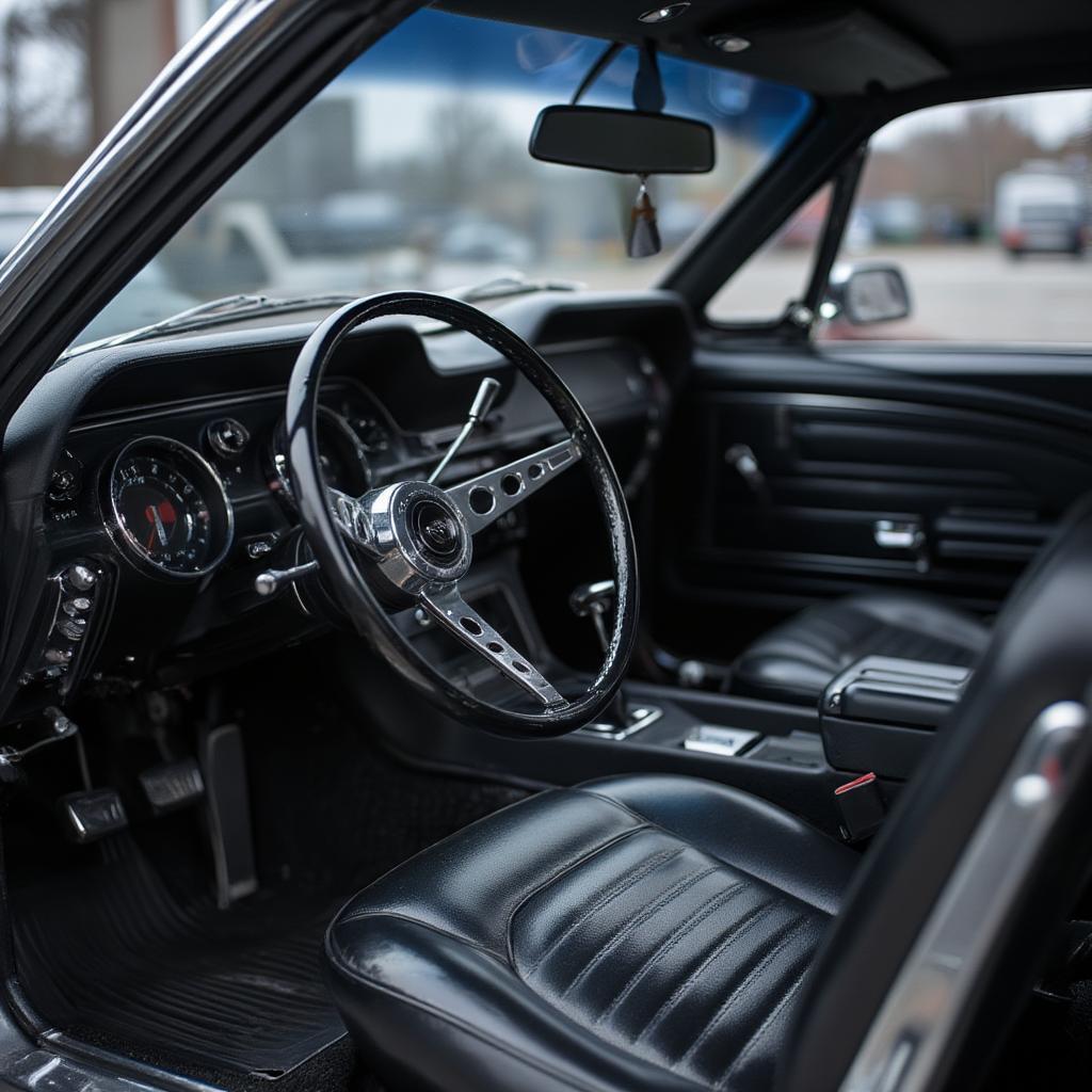 Interior view of the 1968 Ford Bullitt Mustang, showing its classic design