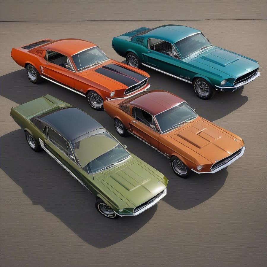 1968 Mustang Coupe GT Lineup Displaying Various Models and Colors