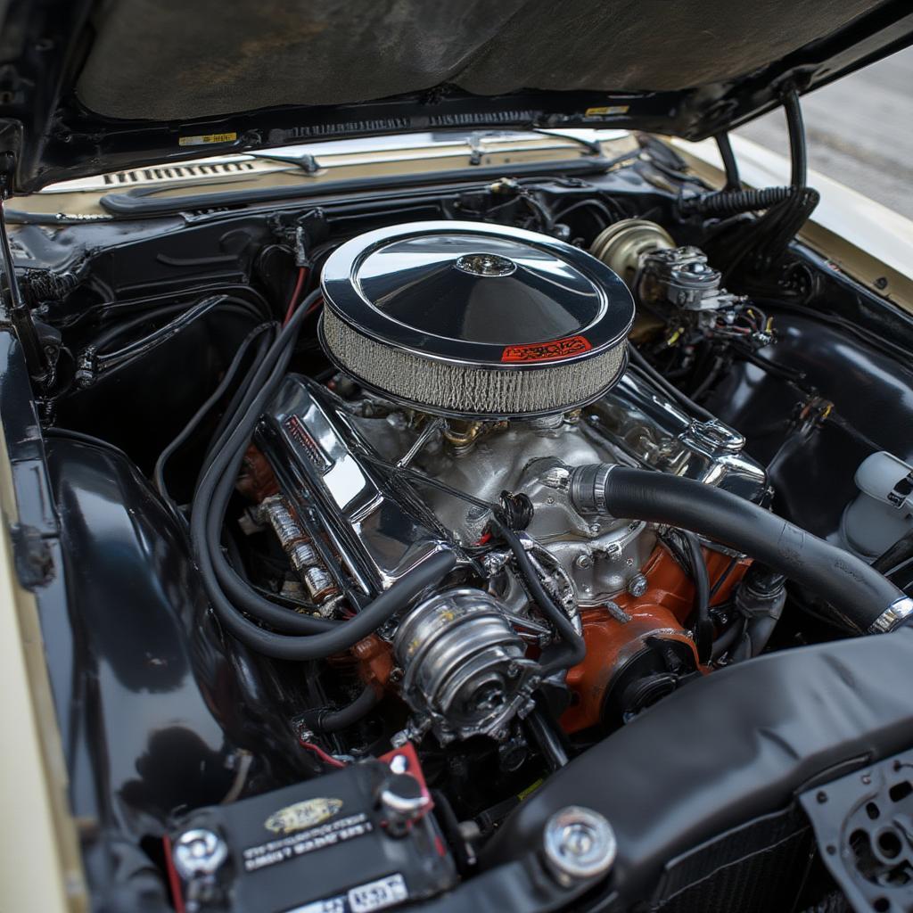 The engine bay of the 1969 Charger 500 featuring a 426 Hemi engine