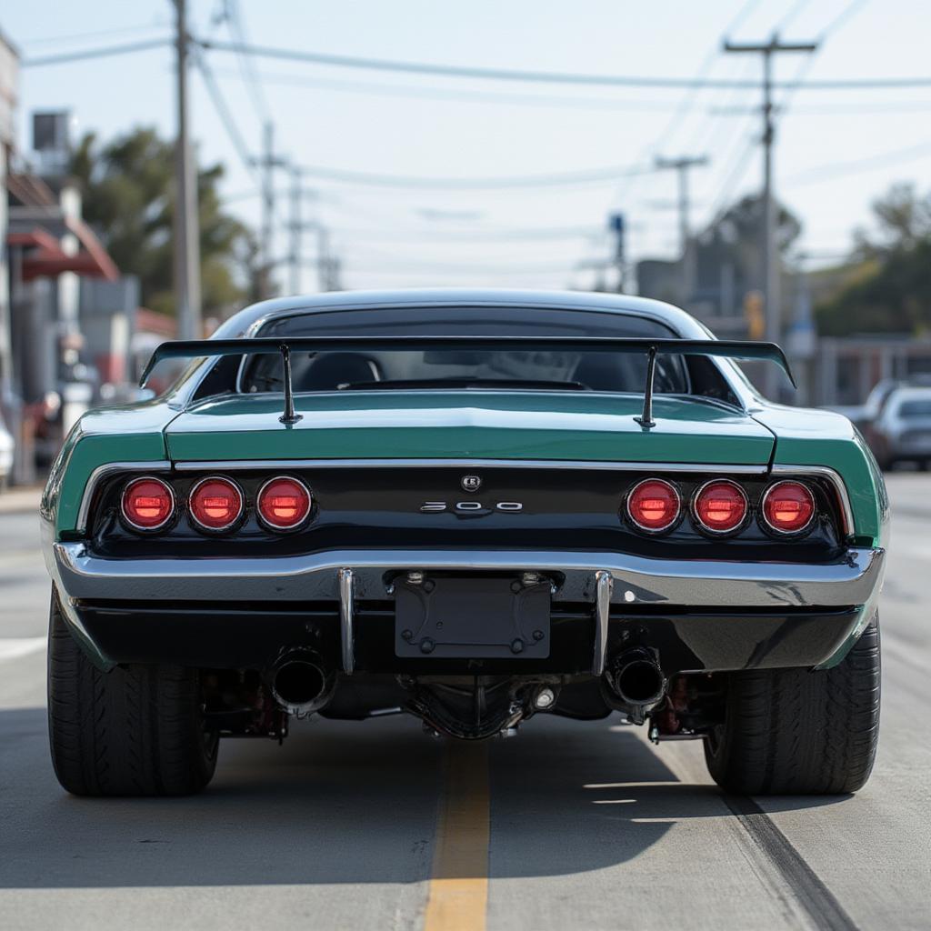 Rear view of a 1969 Charger 500 showing tail lights and styling