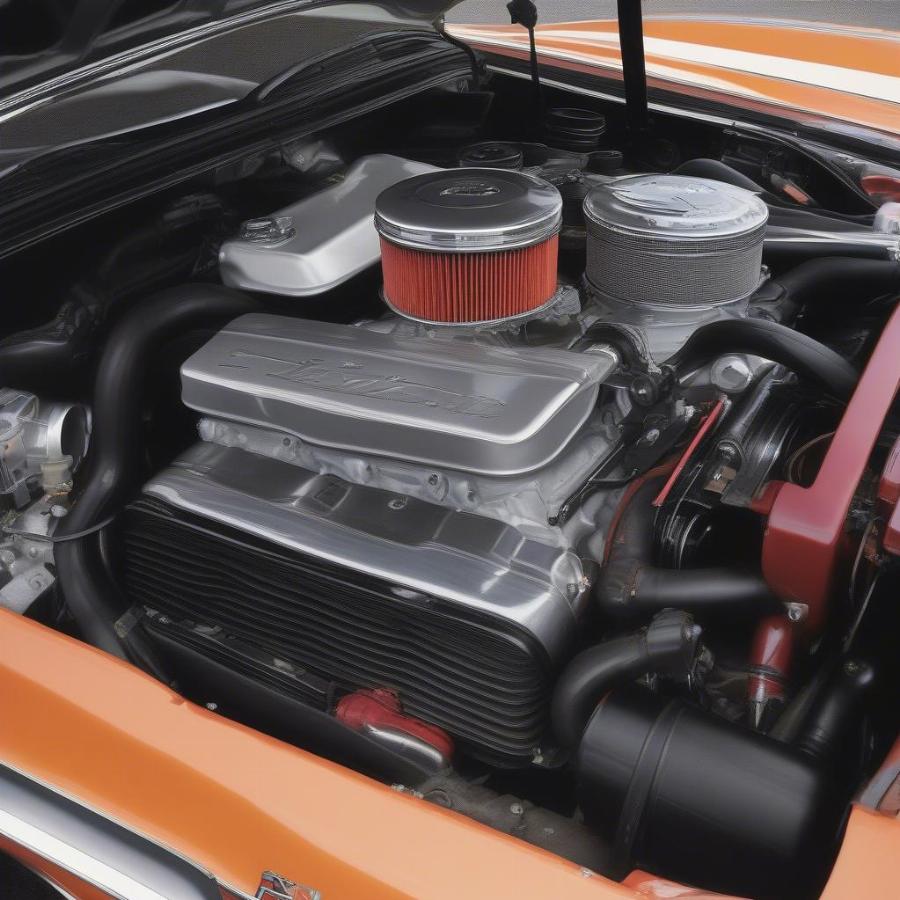 1971 Plymouth Hemi Cuda Engine Bay: Displaying the powerful 426 Hemi engine.