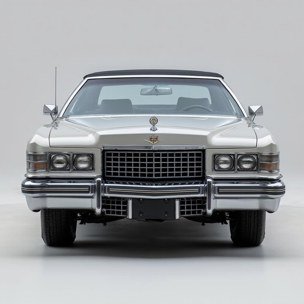 Front view of a 1973 Cadillac Coupe DeVille, showcasing iconic grill and emblem