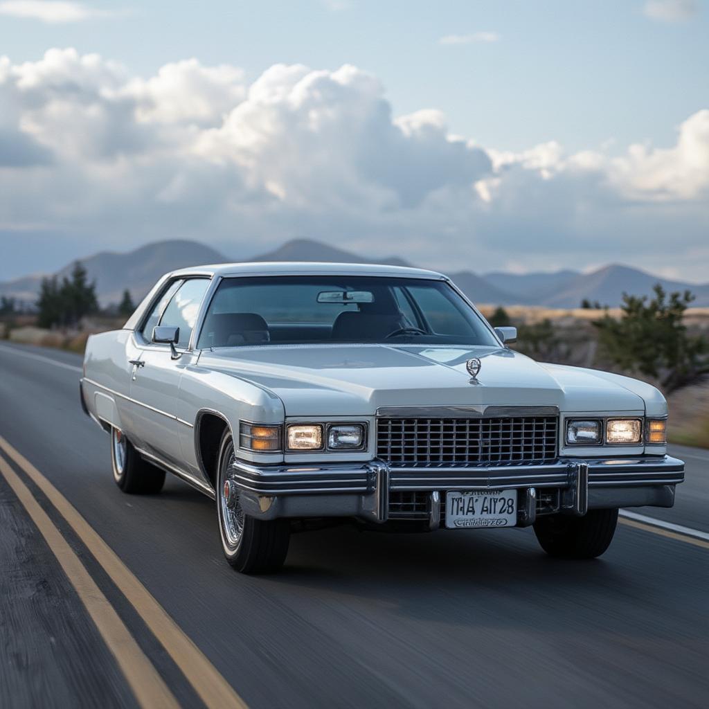 1974 Cadillac Coupe DeVille Cruising on an Open Road 