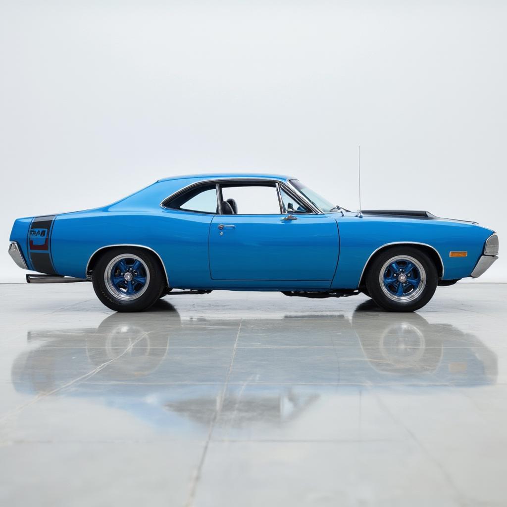 Side view of 1974 Dodge Super Bee showing the long body and signature stripes