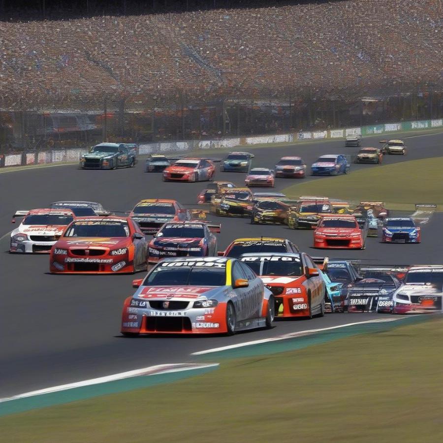 2013 V8 Supercars intense racing action at a crucial turn