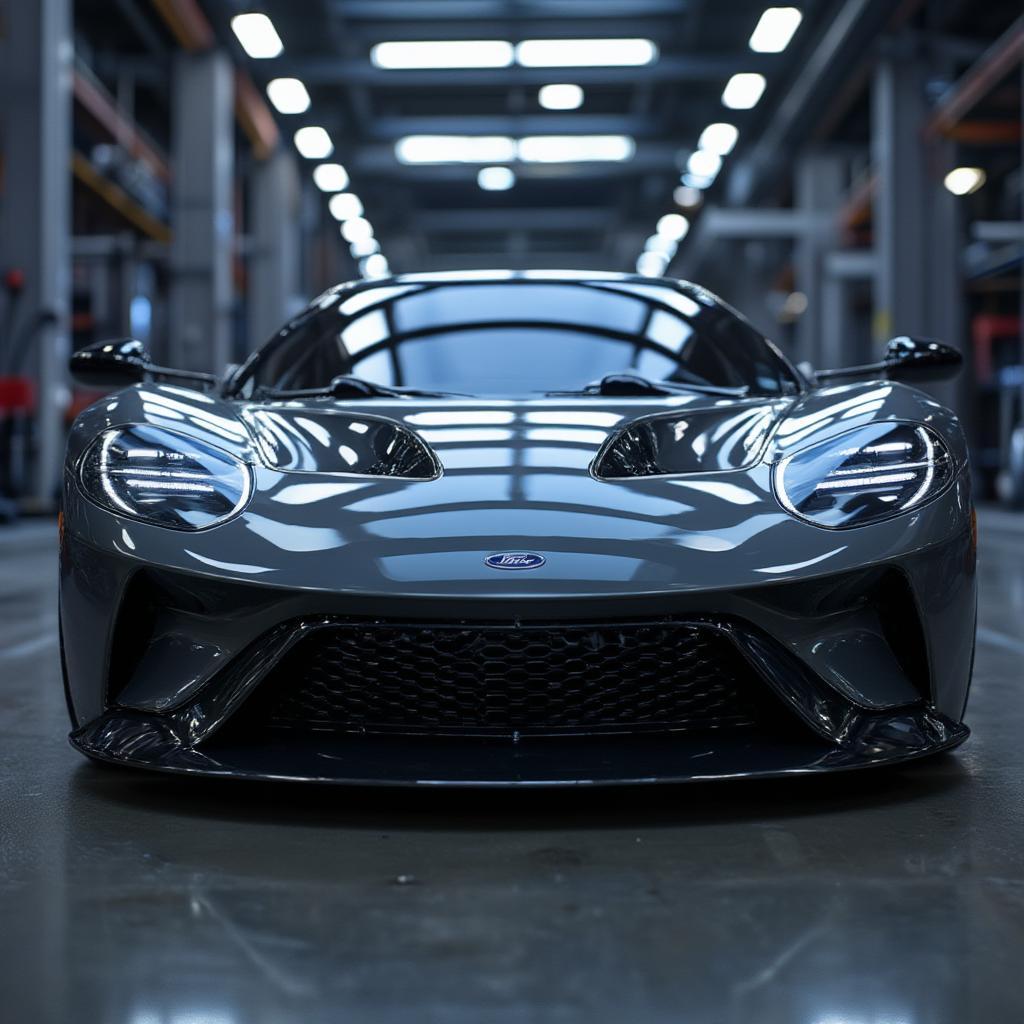 Front view of a 2017 Ford GT emphasizing its aggressive design and aerodynamic features