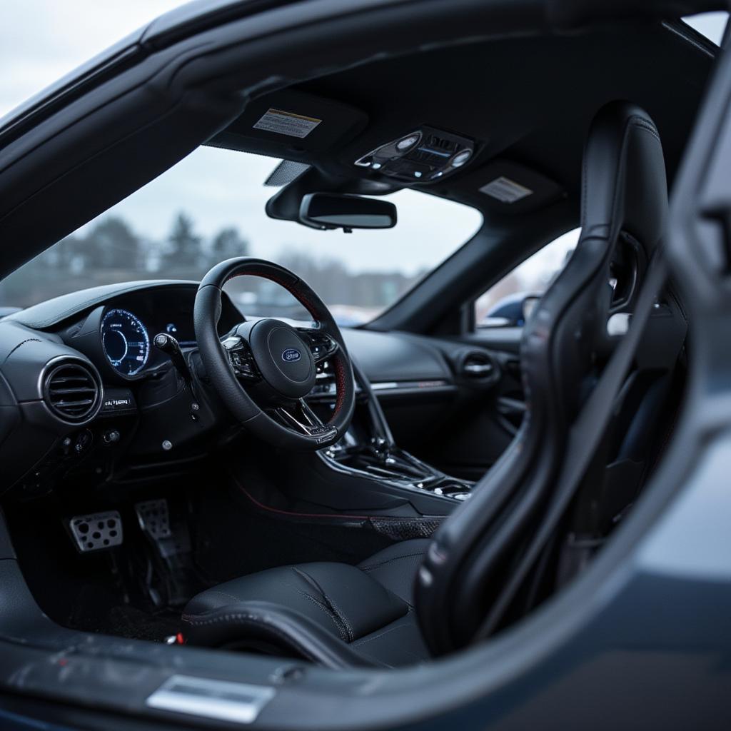 Interior view of a 2017 Ford GT showcasing its minimalist cockpit and racing-inspired elements