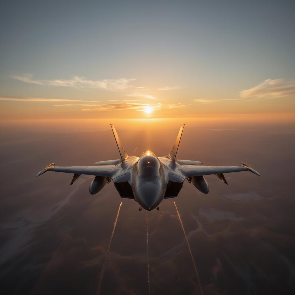 4.5 generation fighter jet flying at sunset