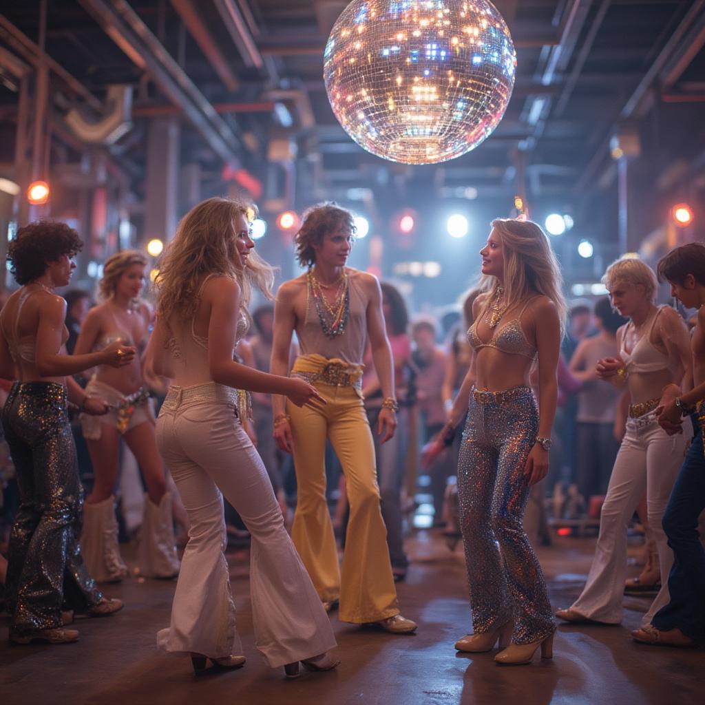 70s Disco Dance Floor Scene with People Dancing in Colorful Outfits