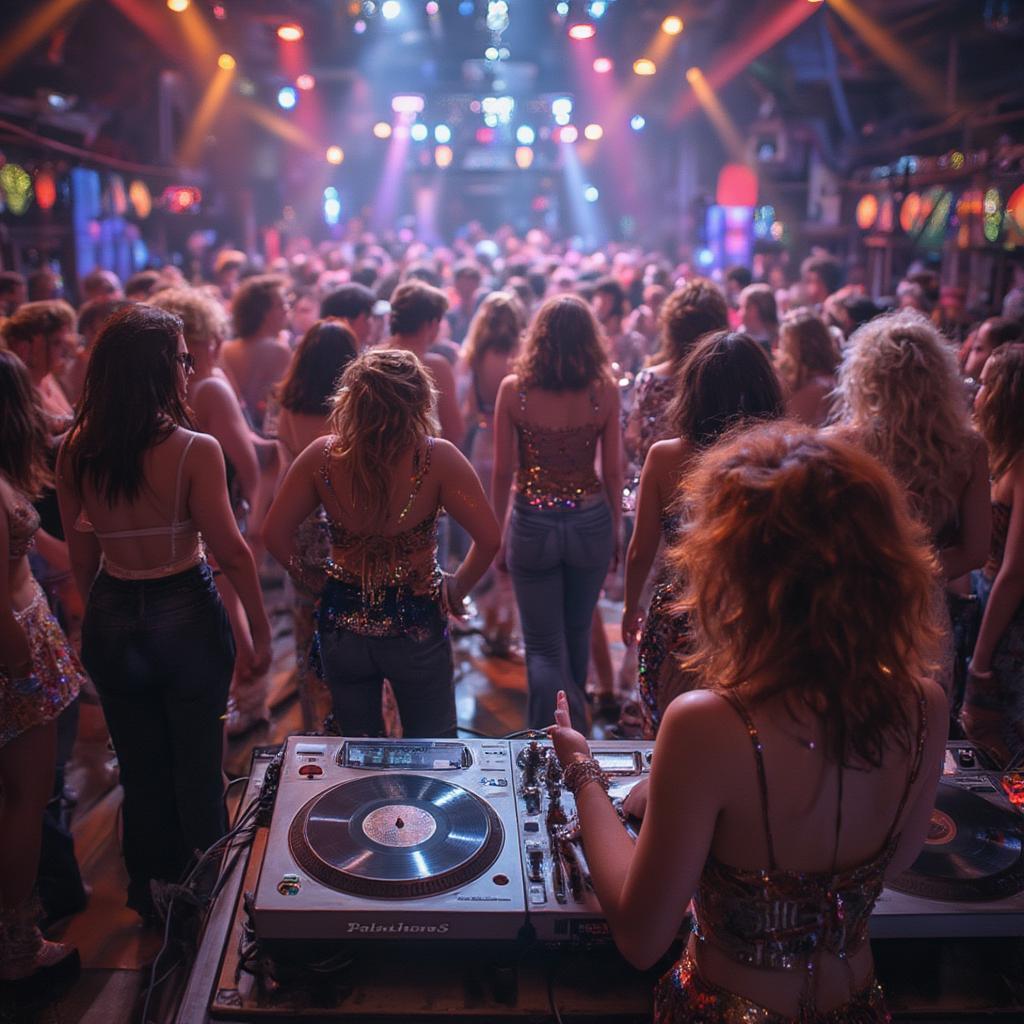 70s Disco Party Scene with People Dancing in Flared Pants and Platform Shoes