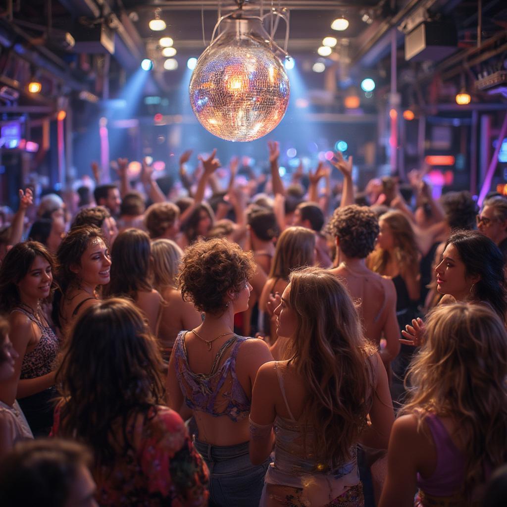 70s Disco Party Scene with People Dancing in Platform Shoes