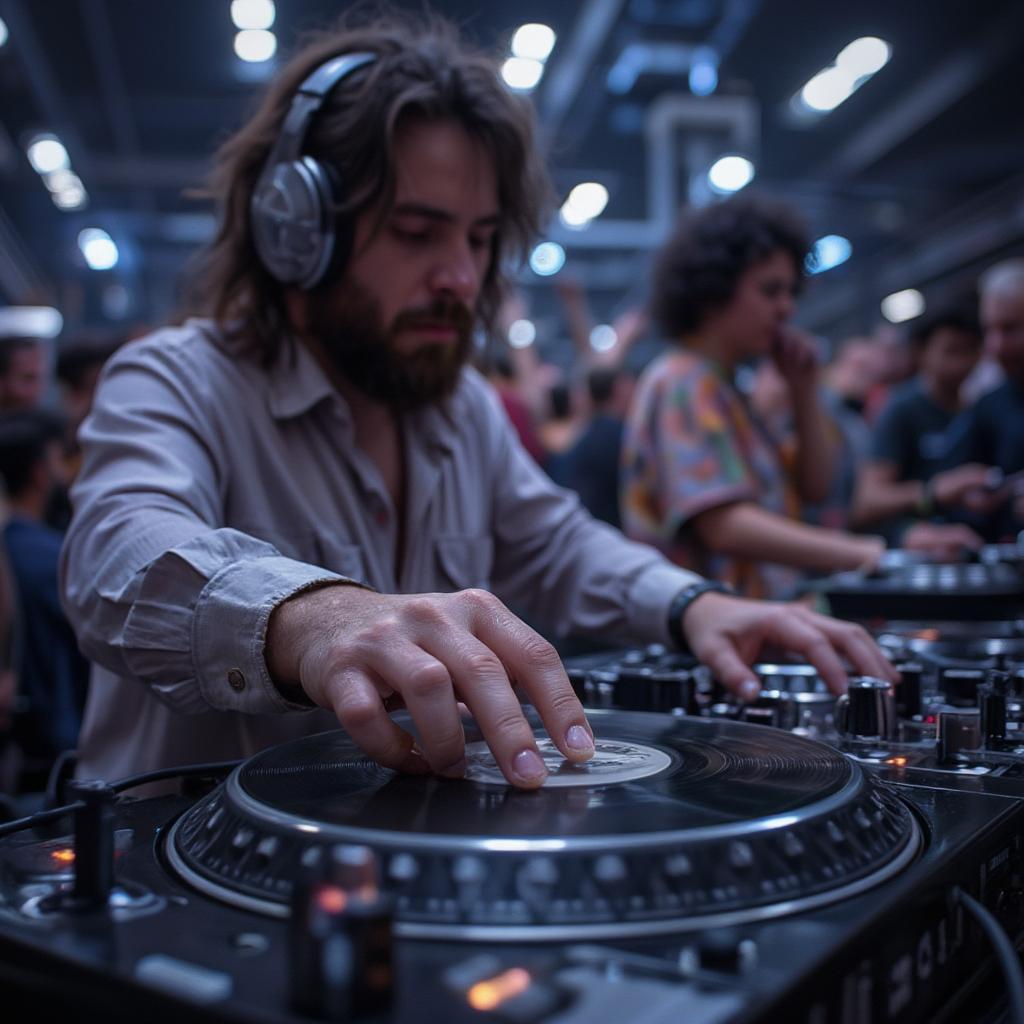 70s DJ Spinning Vinyl Records at a Party