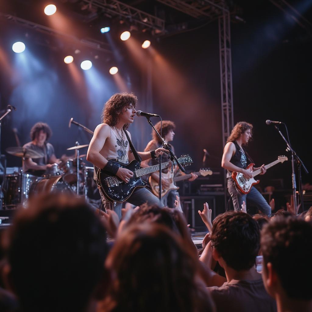 80s band in concert on a stage with audience