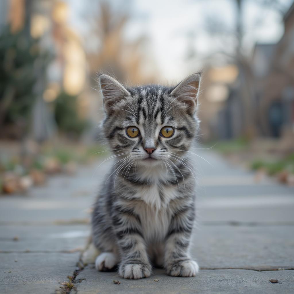 vulnerable kitten on sidewalk