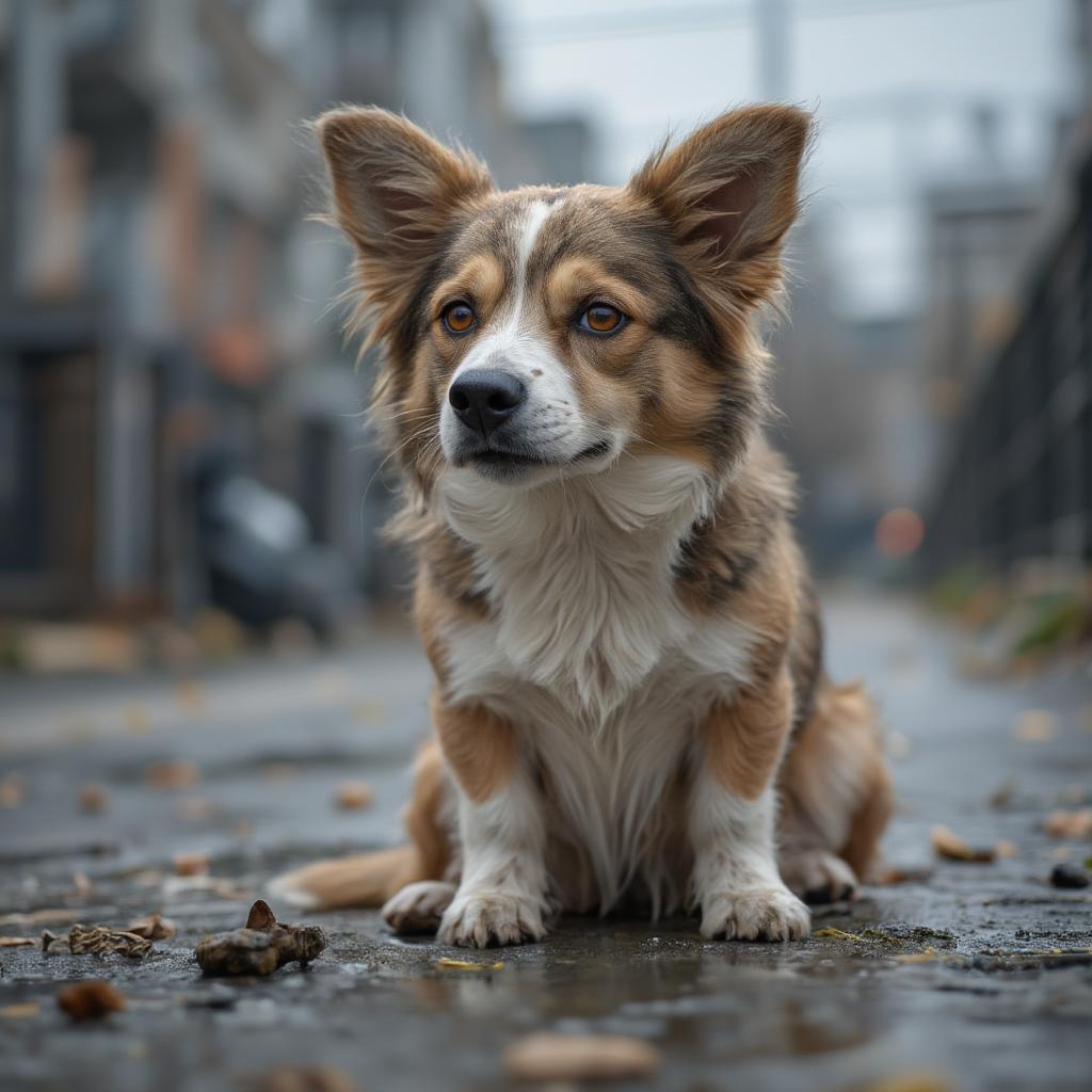 a sad abandoned dog is waiting for help