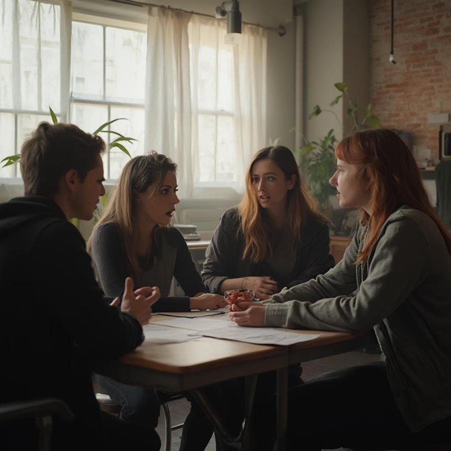 Students practicing a scene in an acting school classroom