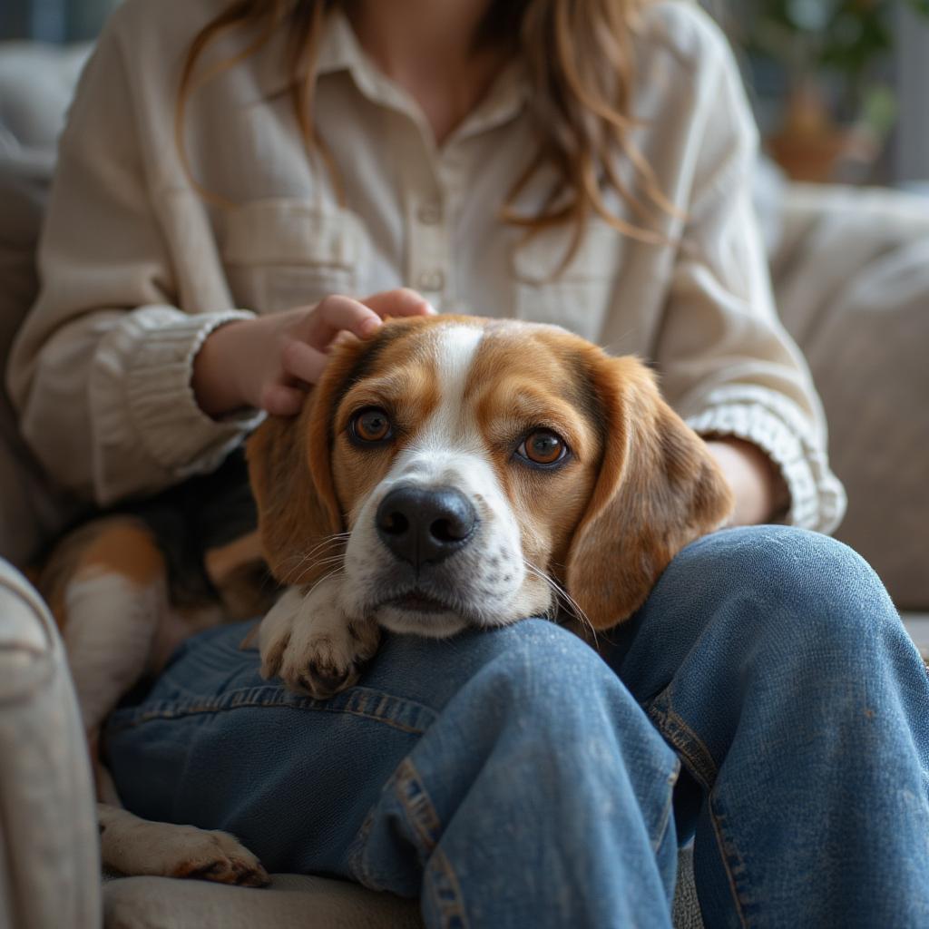 A newly adopted Beagle snuggling contentedly with its new owner on a comfortable sofa.