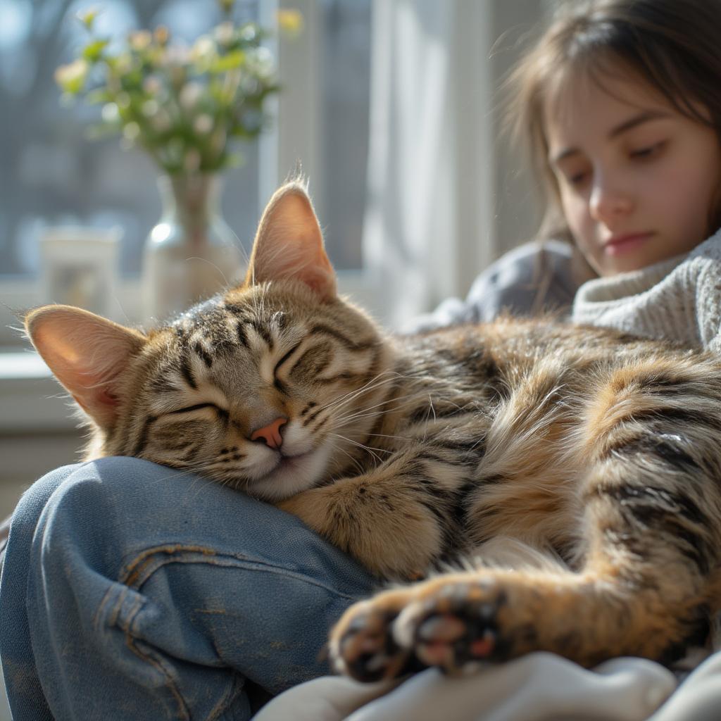 Adopted Cat Sleeping Happily on a Lap