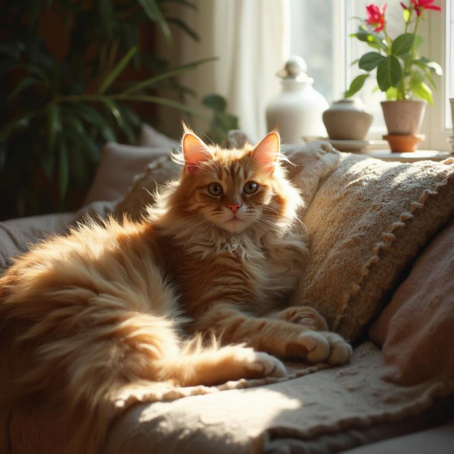 A happy adopted Maine Coon cat relaxing in its new home, illustrating the joy of adoption.