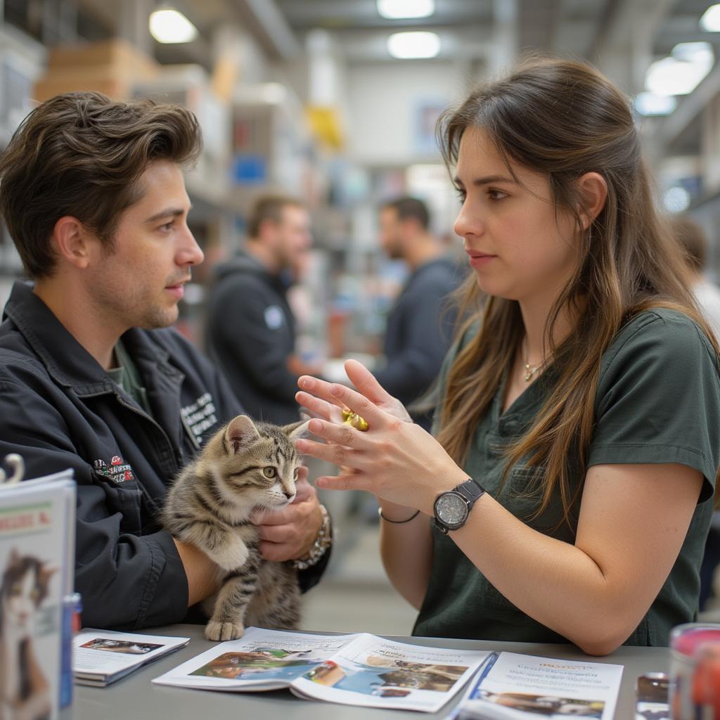 A potential adopter asking questions at a cat and dog adoption center.