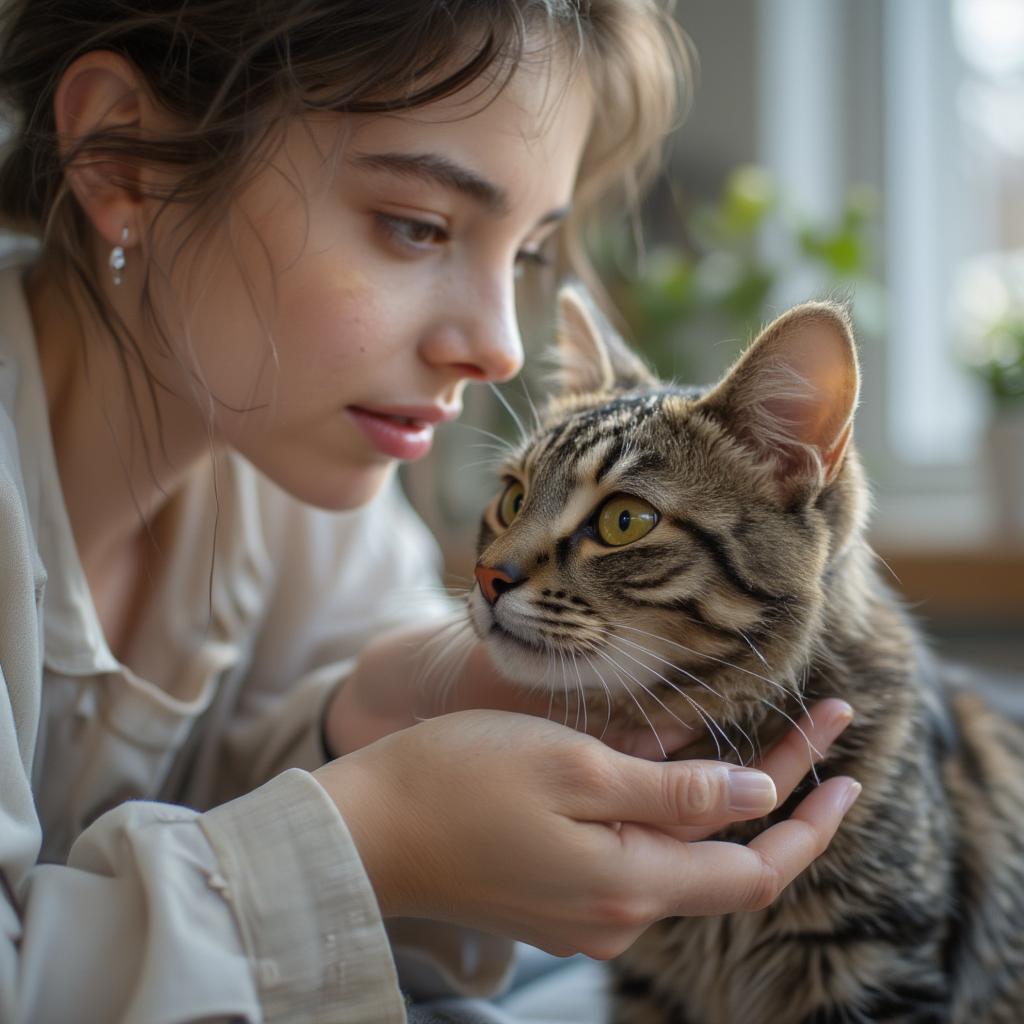 loving owner with rescued cat at home