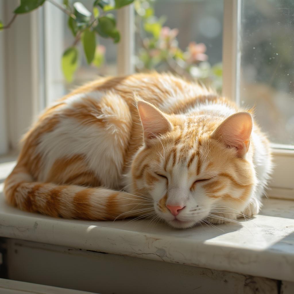 Adult yellow and white cat sleeping by a window