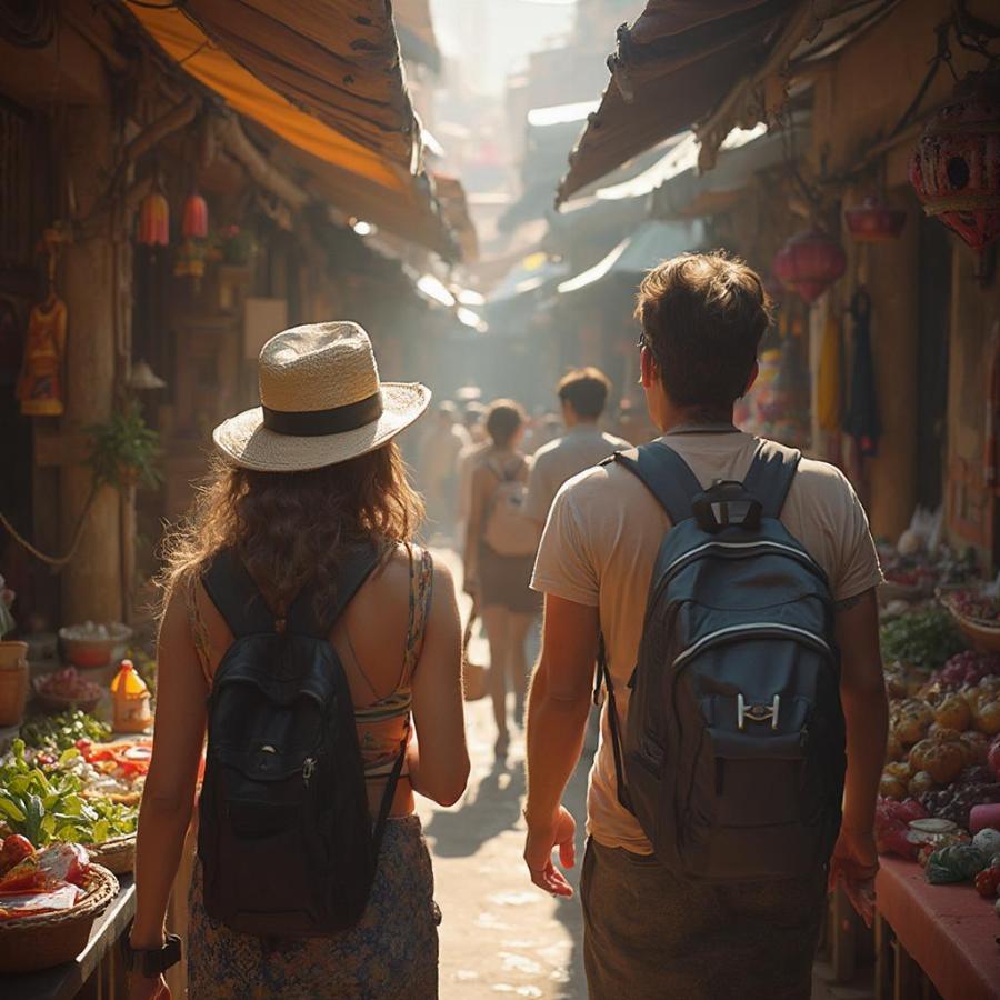 Adventurous travelers exploring a vibrant local market during their last minute all-inclusive holiday