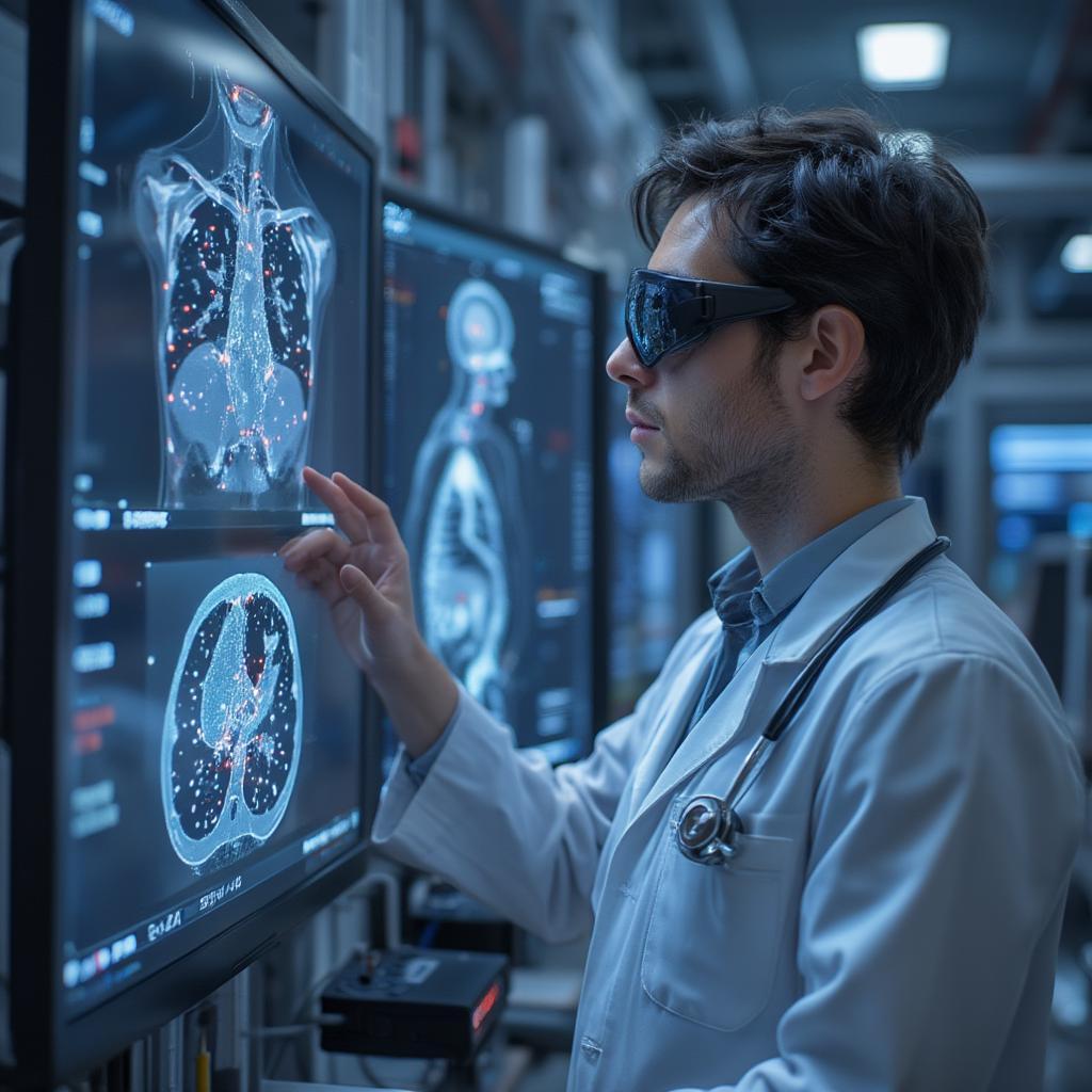 AI-Powered Medical Diagnosis in 2022: A doctor analyzes a patient's medical images using an AI-powered diagnostic tool, showcasing the integration of artificial intelligence in healthcare.