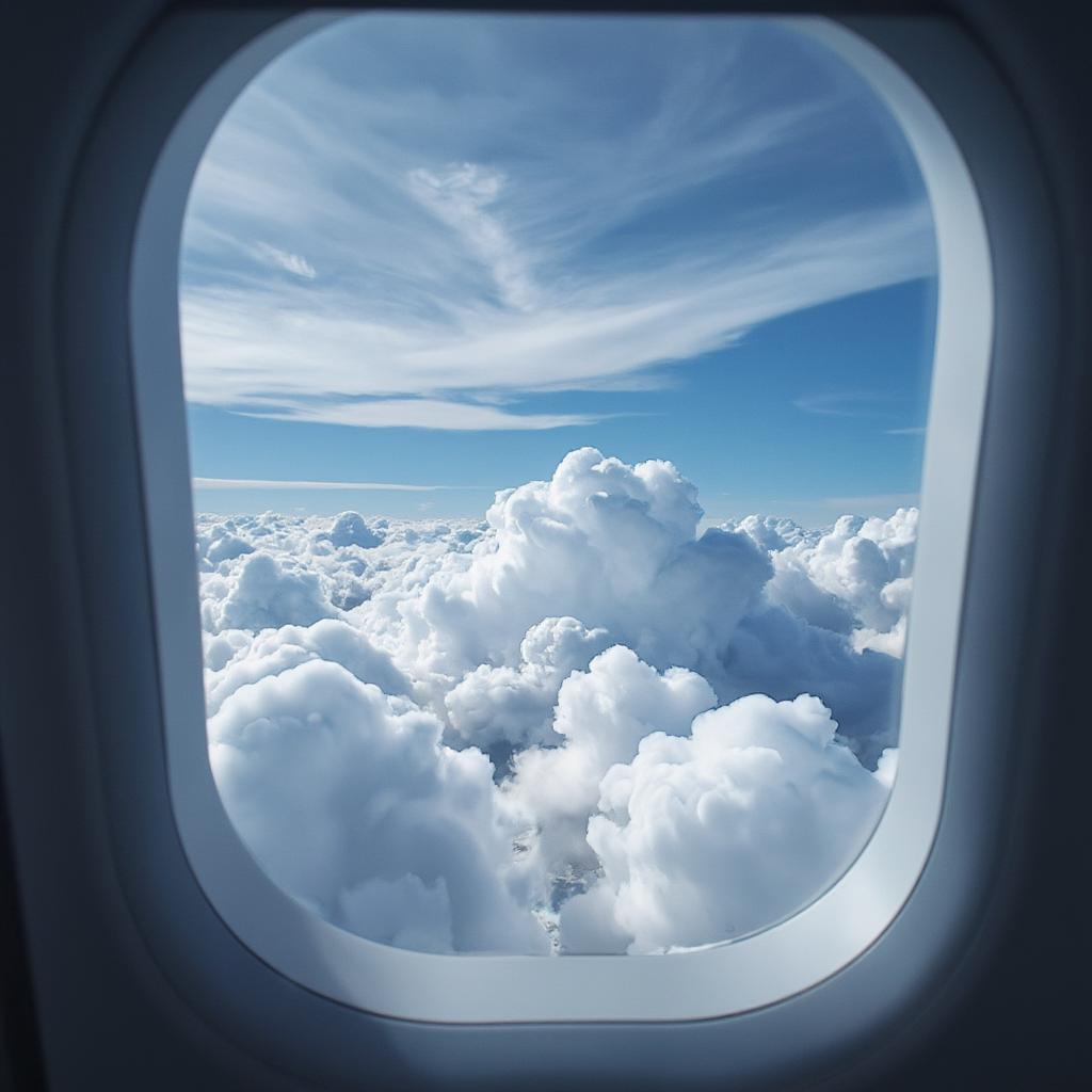 airplane window view of sky and clouds