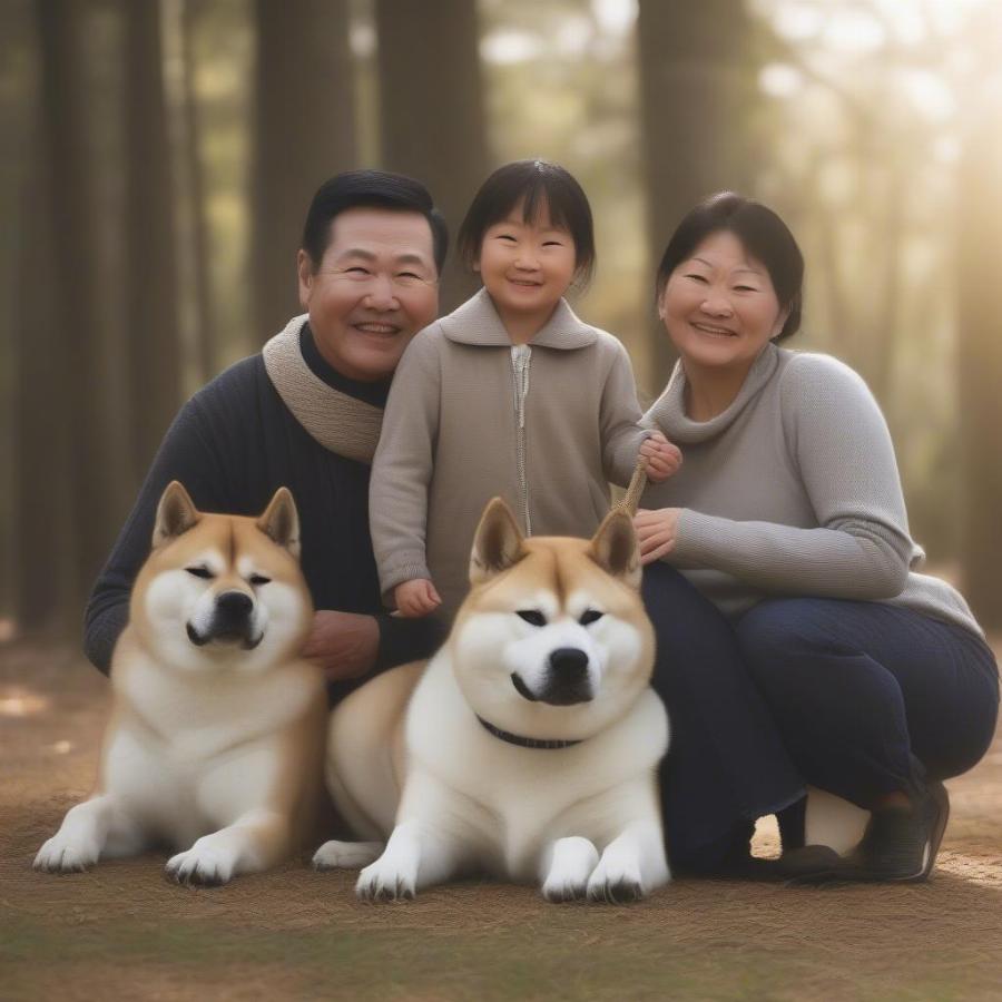 Akita dog posing with a family