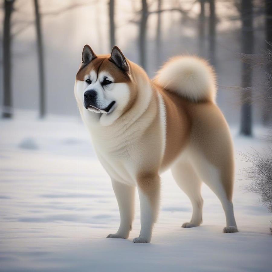 Akita dog with a thick winter coat in a snowy landscape