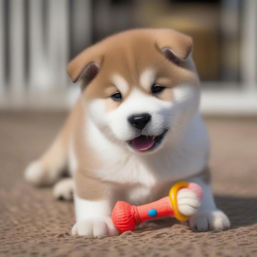 Akita puppy playing with a toy