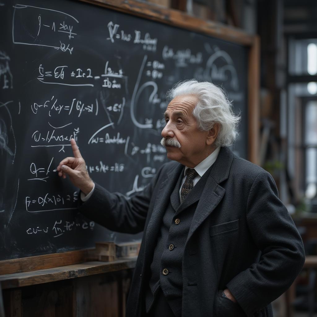 Albert Einstein explaining the theory of relativity with chalkboard equations.