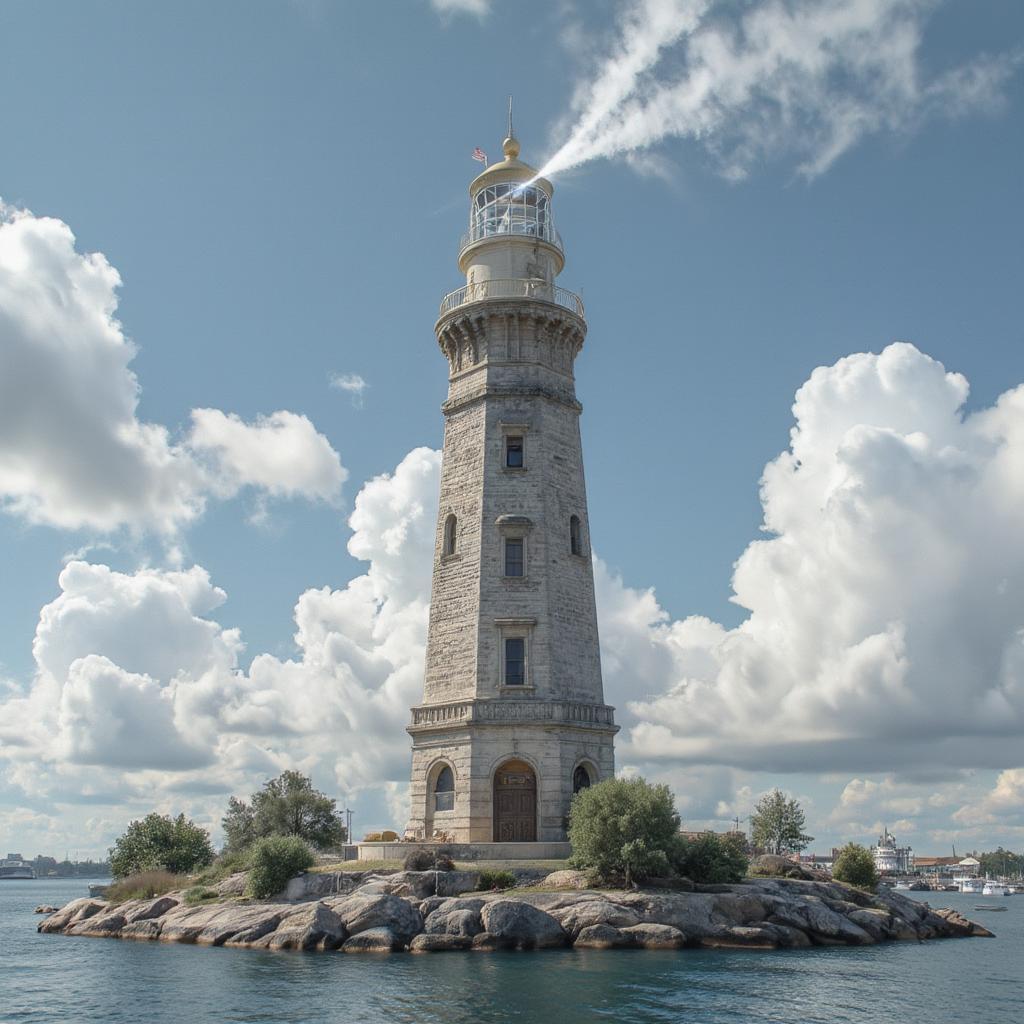 The Lighthouse of Alexandria is depicted as a towering structure with a light shining brightly from the top