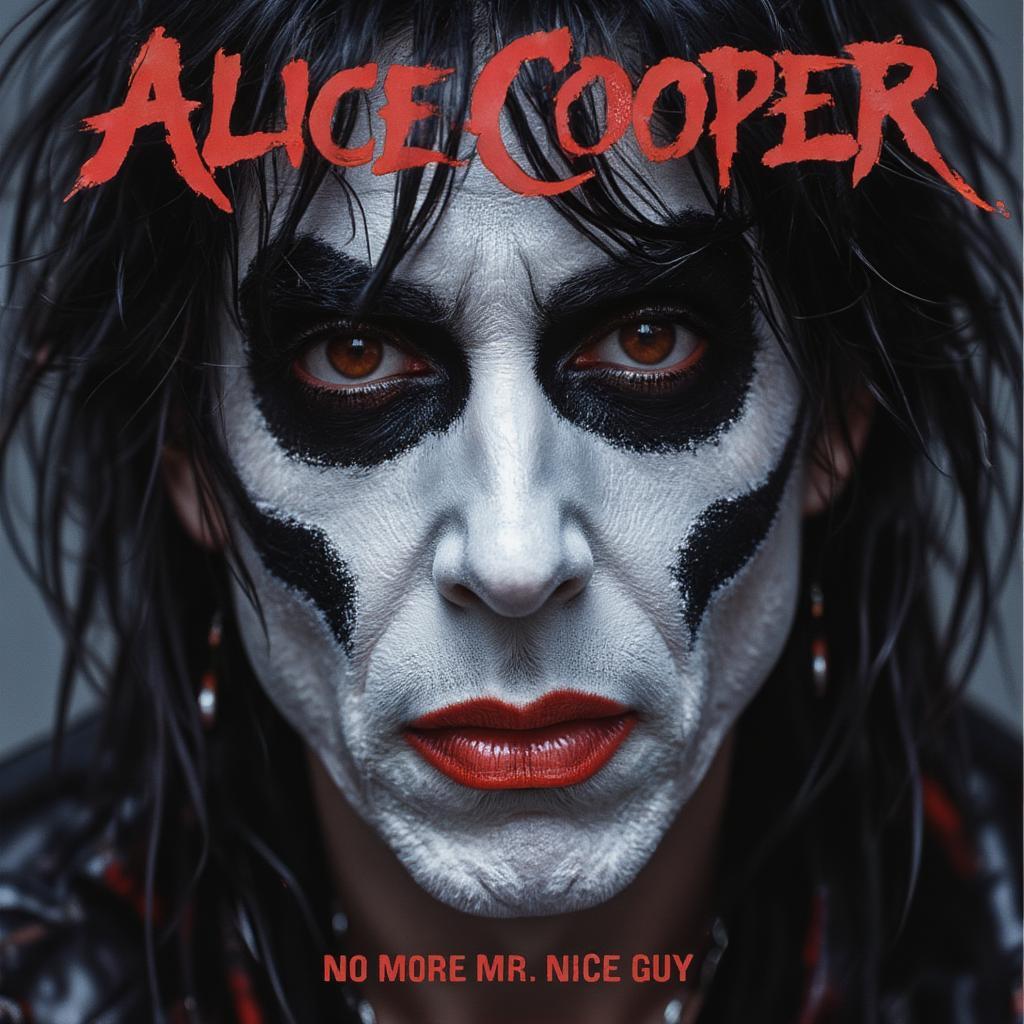 Alice Cooper's album cover for "No More Mr. Nice Guy" featuring a dark, surreal depiction of the singer