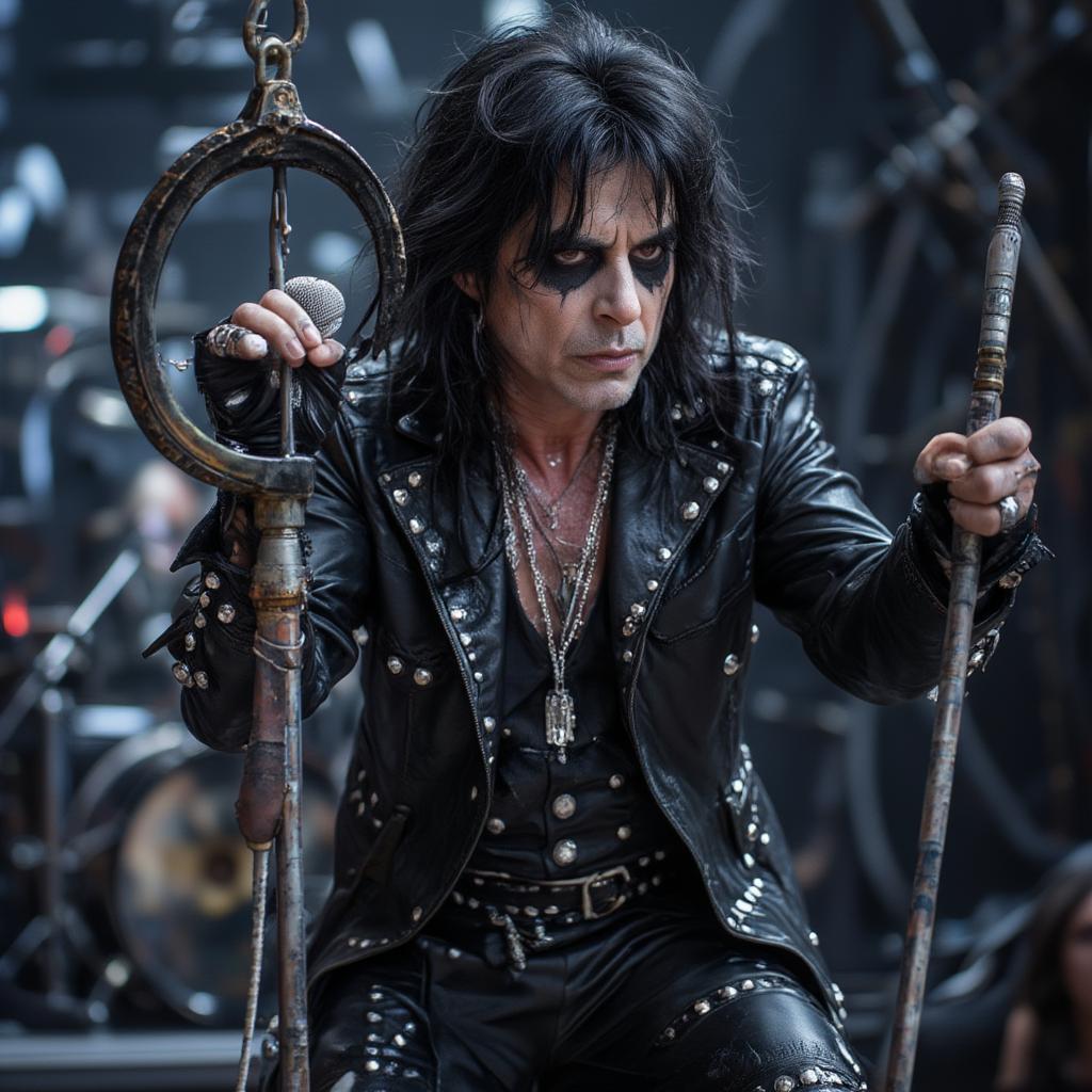 Alice Cooper performs shock rock onstage, highlighting his theatrical costumes and dramatic makeup, surrounded by stage props