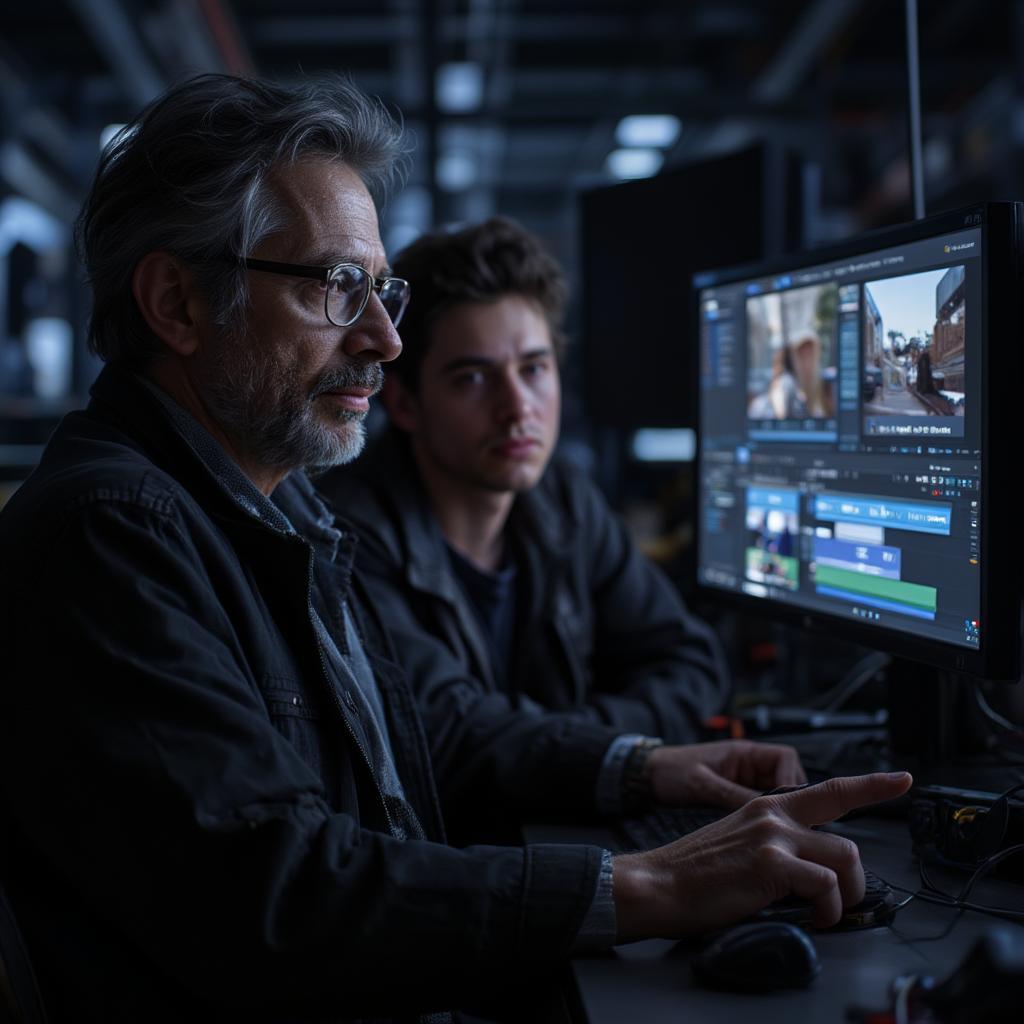 Experienced film professor providing guidance to a student on a film editing software.