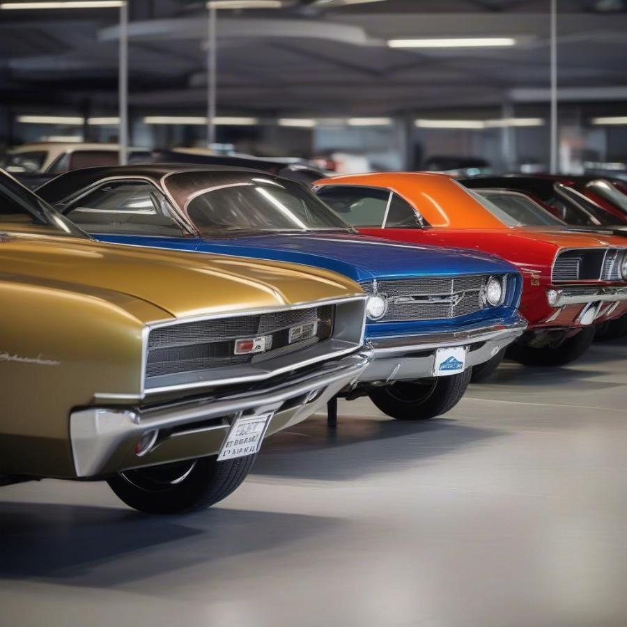 Classic American Muscle Car Lineup at a Car Show