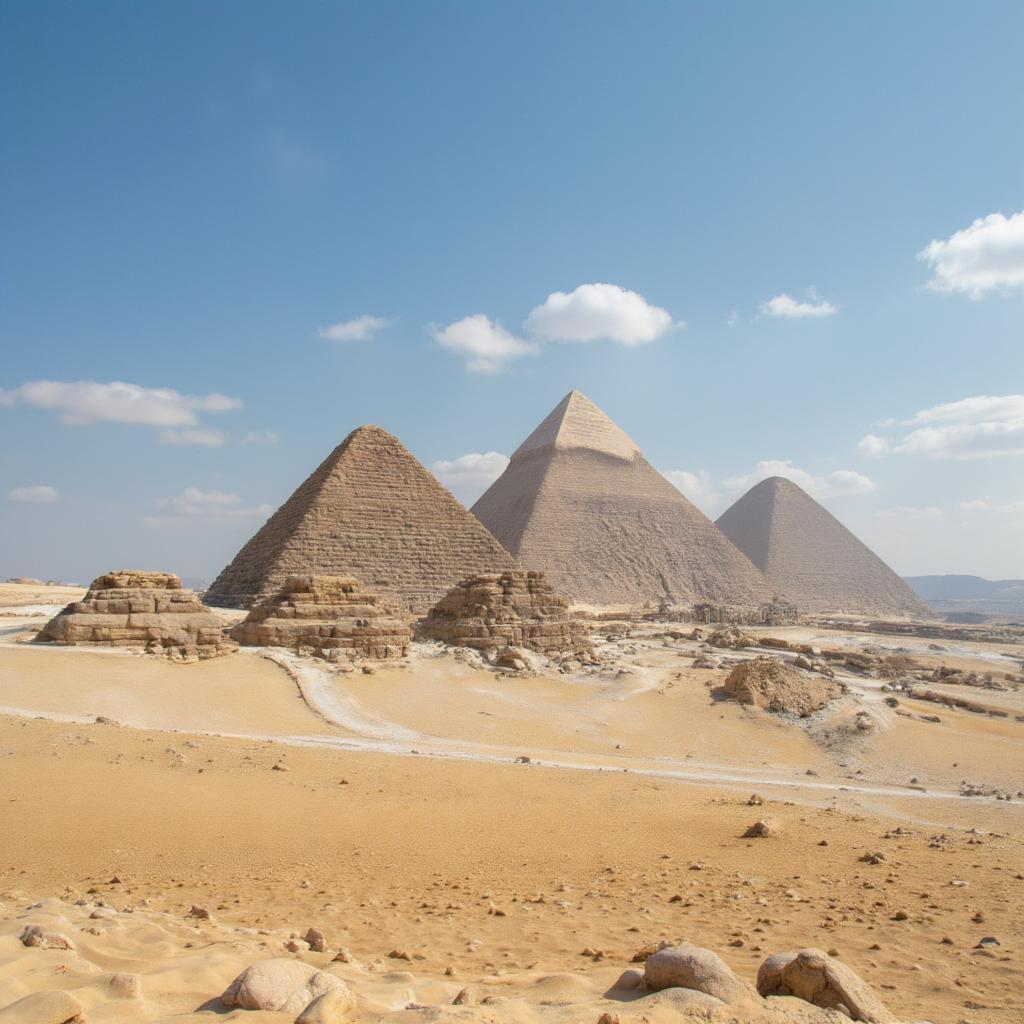 ancient pyramids giza with clear skies and desert backdrop