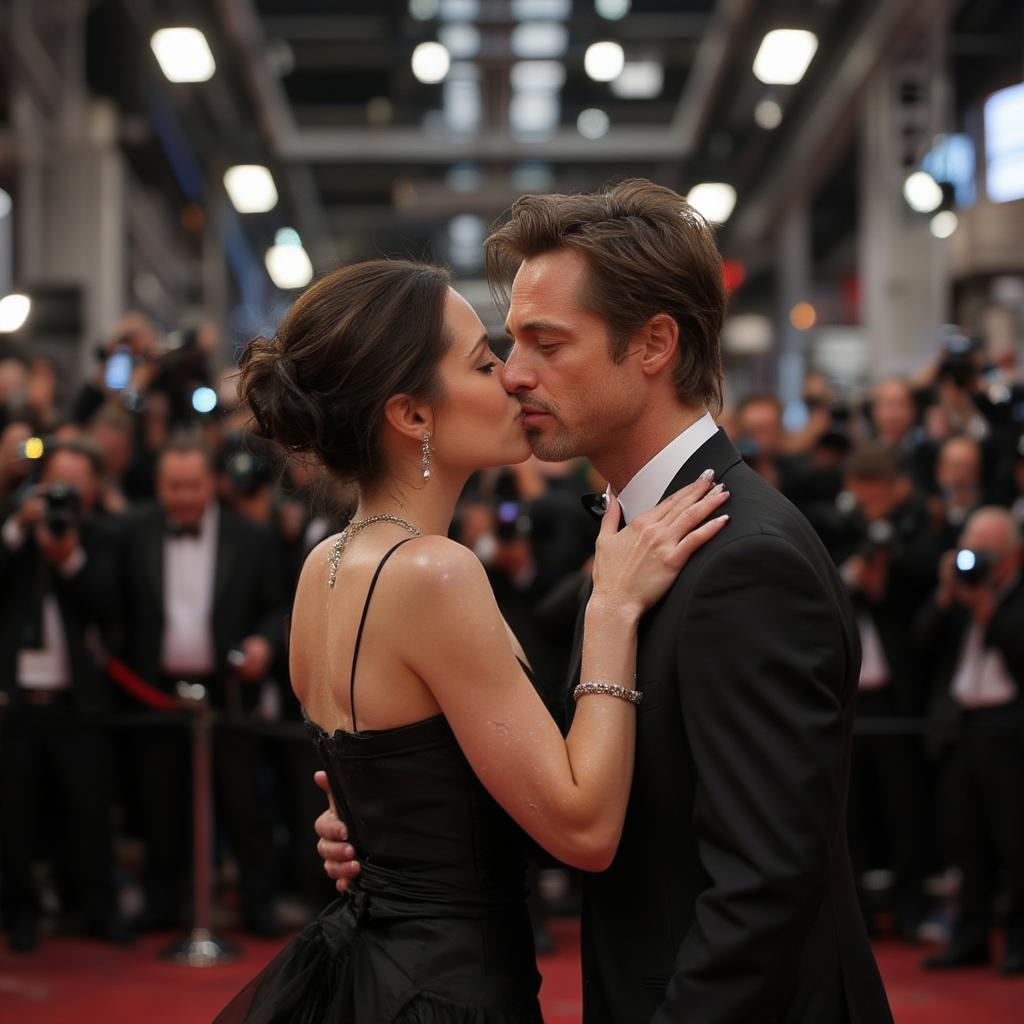 Angelina Jolie and Brad Pitt kiss on the red carpet during a premier