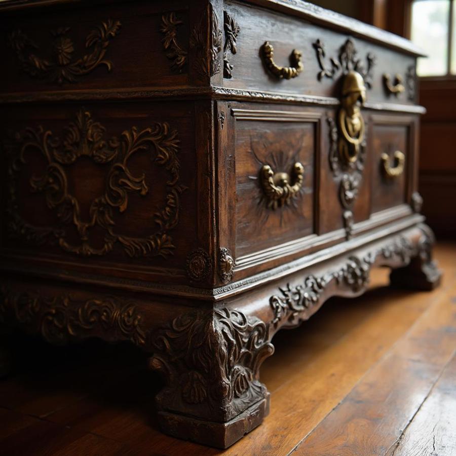 Antique Wooden Chest with Intricate Carvings