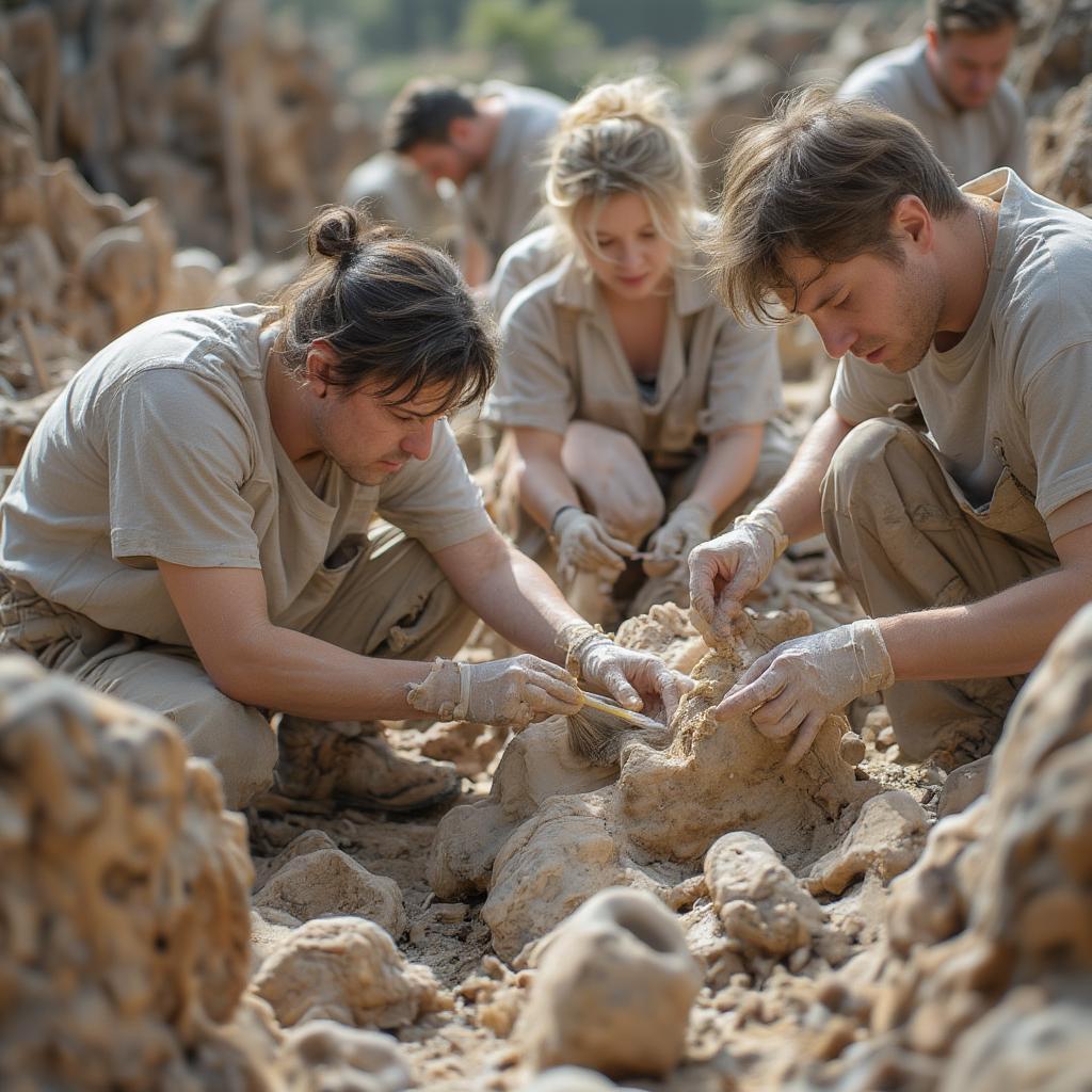 Archaeologists carefully excavating an ancient site, working to uncover and preserve the remnants of past civilizations.